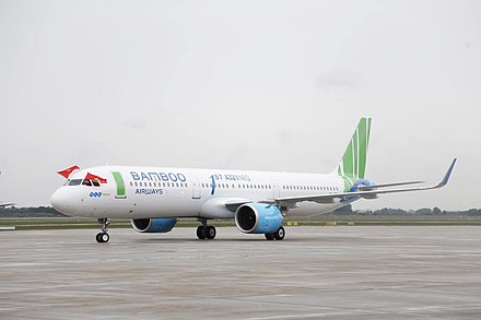 Bamboo Airways' first A321neo at Noi Bai International Airport. The type was phased in in November 2019 and technically being the first aircraft type to be commissioned by Bamboo Airways.[19]