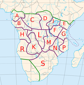 The approximate locations of the sixteen Guthrie Bantu zones, including the addition of a zone J around the Great Lakes. The Jarawan languages are spoken in Nigeria. Bantu zones.png