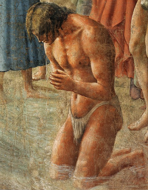 Masaccio, Il battesimo dei neofiti,  (dettaglio), affresco nella Cappella Brancacci, Santa Maria del Carmine, Firenze