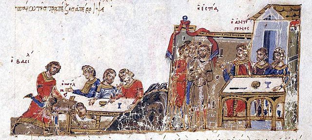 Basil victorious in a wrestling match against a Bulgarian champion (far left), from the Madrid Skylitzes manuscript.