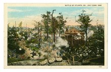 Postcard of Battle of Atlanta, GA., July 22nd, 1864; Verso: "At what is now 176 Cleburne Avenue, General Sherman had his headquarters during the Battle of Atlanta. Generals Sherman and McPherson were conversing under the trees here at noon on July 22, 1864, when the first guns of the battle roared. A few hours later, General McPherson was mortally wounded a short distance south of this place. A mounment to him stands at East Atlanta on McPherson Avenue."