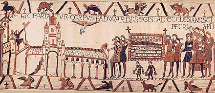 Image de la tapisserie d'une procession d'hommes portant un cercueil en direction d'une église