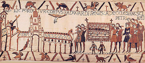 The funeral procession of Edward the Confessor to Westminster Abbey as depicted on the Bayeux Tapestry. Note the dead bells held by the two people next to (below) the deceased. Bayeux Edward Funeral.jpg