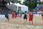 Deutsch: Beachhandball Europameisterschaften 2019 (Beach handball Euro); Tag 6: 7. Juli 2019 – Spiel um Platz Drei, Männer, Ungarn-Russland 2:0 (26:20, 23:22) English: Beach handball Euro; Day 6: 7 July 2019 – Men's Bronze Medal Match – Hungary-Russia 2:0 (26:20, 23:22)