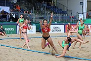 Deutsch: Beachhandball Europameisterschaften 2019 (Beach handball Euro); Tag 2: 3. Juli 2019 – Frauen, Vorrunde Gruppe D, Ukraine-Deutschland 2:0 (23:22, 32:24) English: Beach handball Euro; Day 2: 3 July 2019 – Women Preliminary Round Group D – Ukraine-Germany 2:0 (23:22, 32:24)