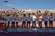 Deutsch: Beachhandball bei den Olympischen Jugendspielen 2018 in Buenos Aires; Tag 7, 13. Oktober 2018; Medaillenzeremonie Jungs - Gold: Spanien, Silber: Portugal, Bronze: Argentinien English: Beach handball at the 2018 Summer Youth Olympics in Buenos Aires at 13 October 2018 – Medal Ceremony Boys - Gold: Spain, Silver: Portugal, Bronze: Argentina Español: Handball de playa en los Juegos Olimpicos de la Juventud Buenos Aires 2018 en 13 de octubre de 2018 – Medalla Ceremonia para niños - Oro: España, Plata: Portugal, Bronce: Argentina