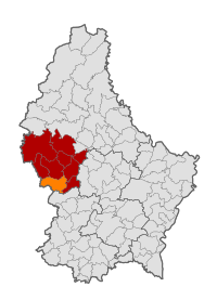 Map of Luxembourg with Beckerich highlighted in orange, and the——canton in dark red