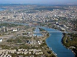 A view over the Sava river. From bottom to top: Ada Bridge, New Railroad Bridge, Old Railroad Bridge, Gazela Bridge, Old Sava Bridge Belgrade from LH1407.jpg