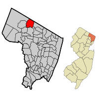 Map highlighting Upper Saddle River's location within Bergen County. Inset: Bergen County's location within New Jersey.