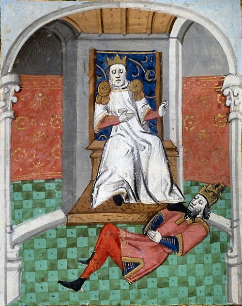 Alp Arslan humiliating Emperor Romanos IV. From a 15th-century illustrated French translation of Boccaccio's De Casibus Virorum Illustrium.