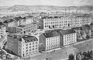 Vorn links: Erste Boschfabrik in der Hoppenlaustraße 11, 1906.