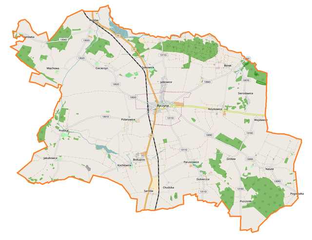 Mapa konturowa gminy Byczyna, w centrum znajduje się punkt z opisem „Byczyna”