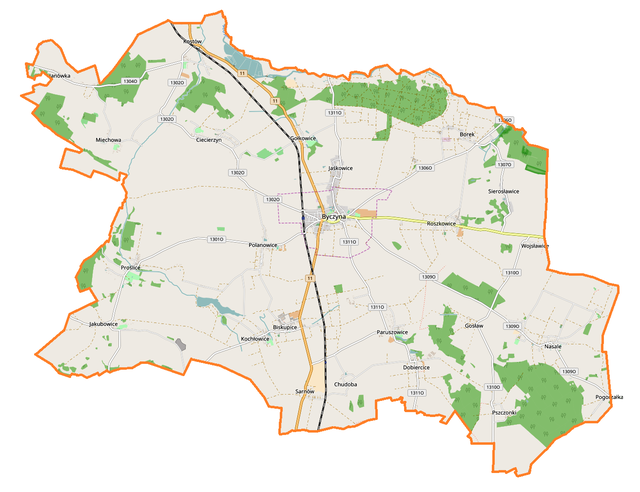 Mapa konturowa gminy Byczyna, w centrum znajduje się punkt z opisem „Kościół św. Mikołaja w Byczynie”