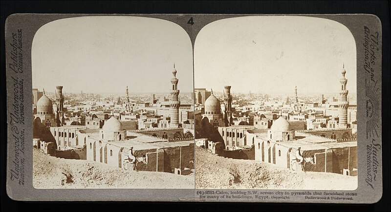 File:Cairo, looking S.W. across city to pyramids that furnished stone for many of its buildings, Egypt. (4)-2521 (1908) - front edited - TIMEA.jpg