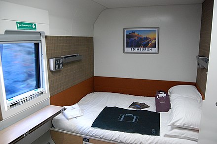 Double bed room in a Caledonian Sleeper train in the UK.