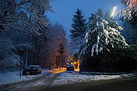Calle nevada al amanecer
