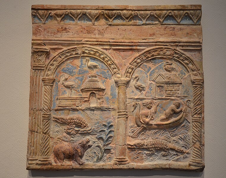 File:Campana relief showing a Nilotic scene, with original colour pigment surviving, reconstructed in the 19th century from fragments of different plates, 1st century BC - 1st century AD, Altes Museum, Berlin (49812637586).jpg