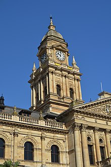 Cape Town City Hall, Clock Tower, with its clock supplied by J. B. Joyce & Co. of Whitchurch Cape Town City Hall, Clock Tower.jpg