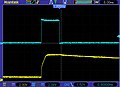 Charge and decay of the RC circuit (yellow) that generates an explosion sound. Bit 4 (blue) is held high for 20ms.