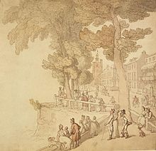 Cheyne Walk circa 1800. Cheyne Walk, London, c late 18th-early 19th century. People strolling by the banks of the River Thames in the distance is Chelsea Old Church MoL.jpg