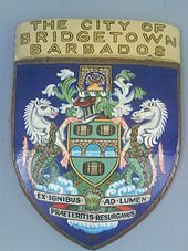 The coat of arms of city of Bridgetown in the capital and largest city of Barbados. The arms were granted to the city on 20 September 1960 by the College of Arms. City of Bridgetown, Barbados Armorial bearing.jpg