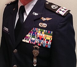 A CAP cadet colonel who is also a member in the Air Force Reserve or Air National Guard wearing the Air Force style service uniform with earned awards and decorations from both the USAF and CAP. Civil Air Patrol Awards and Decorations.jpg
