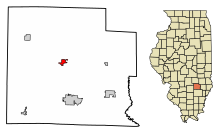Clay County Illinois Incorporated e Aree non incorporate Louisville Highlighted.svg