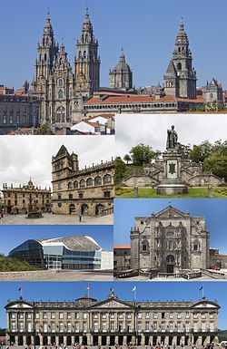 From the top: Santiago de Compostela Cathedral, Praza das Praterías, Alameda Park, City of Culture of Galicia, Monastery of San Martiño Pinario, Pazo de Raxoi