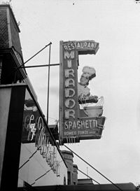 Sign of Mirador, a restaurant in Montreal owned by an Italian immigrant, 1948 Commercial. Mirador BAnQ P48S1P16370.jpg