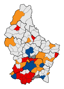 Winning party by municipality.
.mw-parser-output .legend{page-break-inside:avoid;break-inside:avoid-column}.mw-parser-output .legend-color{display:inline-block;min-width:1.25em;height:1.25em;line-height:1.25;margin:1px 0;text-align:center;border:1px solid black;background-color:transparent;color:black}.mw-parser-output .legend-text{}
CSV
LSAP
DP
Others
Municipalities using majoritarian system Communales Luxembourg 2011 map.svg