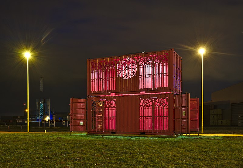 File:Container art on the roundabout connecting Hazopweg, Steenlandlaan, and Steenlandlaan in Kallo, Belgium during sunset nautical twilight (DSCF3949).jpg