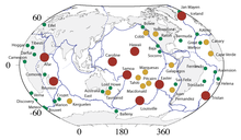 Map detailing locations of hotspots in the Earth's mantle.