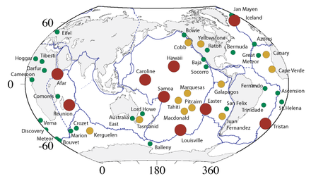 An example of mantle plume locations suggested by one recent group.[16] Figure from Foulger (2010).[4]