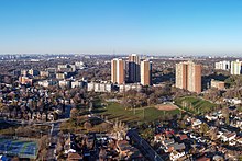 Crescent Town and the surrounding area from the air. Crescent Town was a post-World War II suburban neighbourhood developed in East York. Crescent Town 2022.jpg