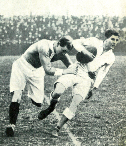 Cyrile Lowe being tackled by Jacques Dedet in the 1913 France–England match.