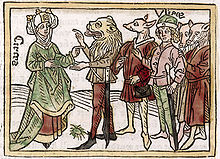 Circes: illustration of one of the women featured in the 1374 biographies of 106 famous women, De Claris Mulieribus, by Boccaccio – from a German translation of 1541 (Source: Wikimedia)