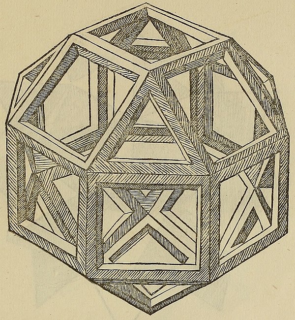 The first printed illustration of a rhombicuboctahedron, by Leonardo da Vinci, published in Divina proportione