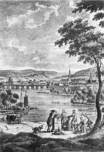 Dresden vom Neustädter Ufer. Kupferstich von Al. Thiele, 1726 Viertelmeilenstein in der Nähe der heutigen Eisenbahnbrücke. Aus dem Buch "Die kursächsischen Postmeilensäulen beim zweihundertjährigen Bestehen"