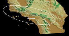 The ellipse outlines the region of the California Transverse Ranges. Digital-elevation-map-so california.svg