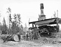 Donkey engine and crew, with gas powered saw used for cutting wood for fuel, Wynooche Timber Company, near Montesano, ca 1921 (KINSEY 1600).jpeg