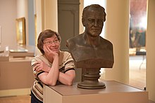 Eleanor Harvey with the Henry Berger bust of Humboldt, owned by the National Museum of Natural History, Smithsonian Institution Eleanor Harvey and Alexander von Humboldt.jpg