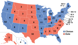 1996 electoral vote results. The Clinton-Gore ticket won 379-159. ElectoralCollege1996.svg