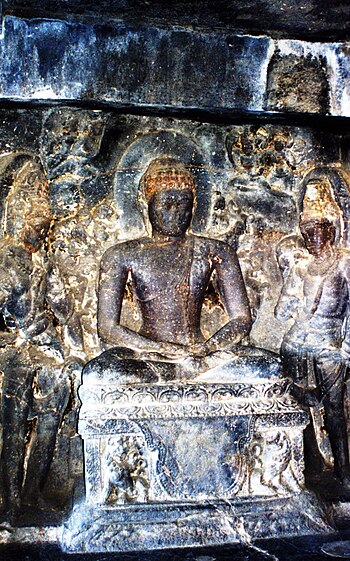 English: Seated Buddha at Ellora Caves, Mahara...