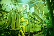 Engine room of the Mercy Ship Caribbean Mercy in 1997. Her propulsion diesel is an MAK. Engine room Caribbean Mercy.jpg