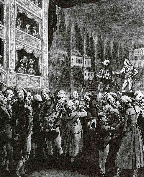 Mozart (at center) attended a performance of his own opera Die Entführung aus dem Serail while visiting Berlin in 1789. Franz Frankenberg performed th