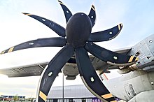 A closeup of the highly swept Ratier-Figeac propellers.