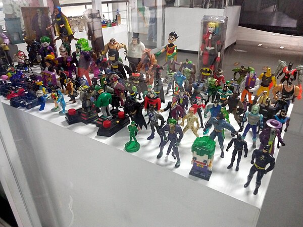 Several DC Comics superheroes action figures exhibited in Mexico City