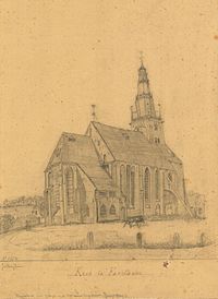 Tekening van de oude kerk door J. Berghuis in 1854, vlak voor de afbraak van de toren