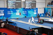 Deutsch: Fechten bei den Olympischen Jugend-Sommerspielen 2018: Tag 1, 7. Oktober 2018, Jungen, Säbel, Viertelfinale - Samuel Jarry (FRA) - Mazen Elaraby (EGY) 14:15 English: Fencing at the 2018 Summer Youth Olympics at 7 October 2018 – Boys' sabre Quarterfinals – Samuel Jarry (FRA) Vs Mazen Elaraby (EGY) 14:15