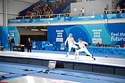 Deutsch: Fechten bei den Olympischen Jugend-Sommerspielen 2018: Tag 1, 7. Oktober 2018, Jungen, Säbel, Finale - Krisztián Rabb (HUN) - Hyun Jun (KOR) (USA) 15:13 English: Fencing at the 2018 Summer Youth Olympics at 7 October 2018 – Boys' sabre Gold medal match – Krisztián Rabb (HUN) Vs Hyun Jun (KOR) (USA) 15:13